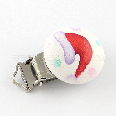 Christmas Hat Pattern Printed Wooden Baby Pacifier Holder Clip with Iron Clasp WOOD-R251-02B-1