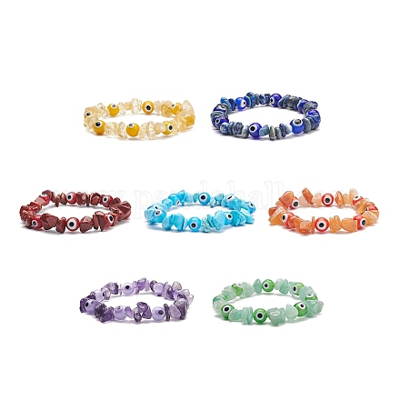 7 pièces 7 style naturel et synthétique mixte pierres précieuses puces et lampwork mauvais œil bracelets extensibles ensemble pour les femmes BJEW-JB08746-1