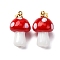 Handmade Lampwork Pendants, Mushroom, with Rack Plating Golden Tone Brass Findings, Long-Lasting Plated, Golden, Red, 19~21x11~13mm, Hole: 4.5x3.5mm
