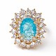 Deep Sky Blue Glass Oval Adjustable Ring with Cubic Zirconia RJEW-J017-VC498-2