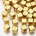CCBプラスチックビーズ  水平穴  文字付きのキューブ  ゴールドカラー  6x6x6mm  穴：3mm  約2800個/500g