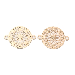 Langlebige Verbindungsanhänger aus vergoldetem Messing, Cadmiumfrei und Nickel frei und Bleifrei, Hohle, flache, runde Glieder mit Blume, Licht Gold, 12x15x0.3 mm, Bohrung: 1.4 mm