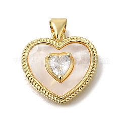 Colgante micropavé cubic zirconia de latón, sin plomo y cadmio, con la cáscara, charms del corazón, con anillo de salto, real 16k chapado en oro, 17.5x18x5mm, agujero: 4x3 mm