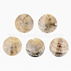 Colgantes de concha de akoya natural, Colgantes de concha de madreperla, plano y redondo, camello, 25x2~5mm, agujero: 1.6 mm