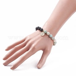 Bracelets élastiques ronds en amazonite et pierre de lave avec une pièce en laiton&nbsp;BJEW-TA00105