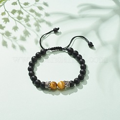 Bracciale con perline intrecciate in agata nera naturale smerigliata&nbsp;BJEW-JB08249-01