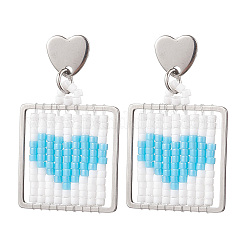 Pendientes colgantes de corazón con cuentas de vidrio cuadradas hechos a mano&nbsp;EJEW-MZ00559-05