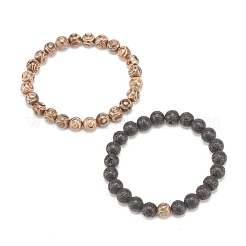 2 pièces 2 style roche de lave naturelle et agate tibétaine ensemble de bracelets extensibles perlés ronds&nbsp;BJEW-JB08312