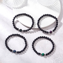 4 pulsera elástica de cuentas de ojo de tigre natural teñidas y calentadas y de piedra dorada azul sintética.&nbsp;BJEW-JB12618