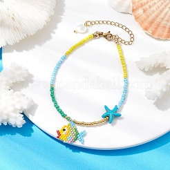 Bracciale con ciondolo a forma di pesce con semi di vetro e stella marina turchese sintetica&nbsp;BJEW-MZ00045
