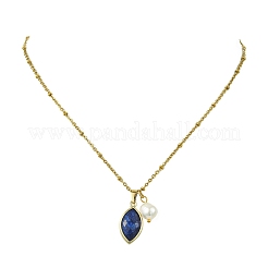 Halskette mit facettiertem Pferdeaugenanhänger aus natürlichem Lapislazuli und Naturperle an einer Satellitenkette aus Edelstahl 304 für Damen&nbsp;NJEW-JN06057-01