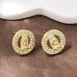 Ohrstecker mit Jungfrau Maria aus Messing mit Mikropavé und klarem Zirkonia&nbsp;EJEW-F400-23A-G