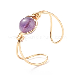 Anello a polsino aperto con perline rotonde in ametista naturale&nbsp;RJEW-TA00041-02