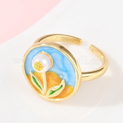 Manschettenringe aus Messing mit himmelblauer Emaille-Blume&nbsp;RJEW-C139-17C-G