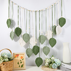 Böhmische handgewebte Baumwollseil-Blattquaste mit Holzperlen als Wandbehang&nbsp;FIND-WH20019-136B-01