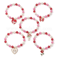 5 pz braccialetti elastici con perle rotonde in acrilico a tema San Valentino&nbsp;BJEW-JB11423
