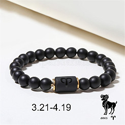 Pulseras elásticas con cuentas redondas de piedra negra esmerilada con temática de constelaciones para mujeres y hombres.&nbsp;WG3EE4F-04
