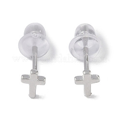 Anlaufgeschützte rhodinierte Ohrstecker aus Feinsilber mit Kreuz 999 für Damen&nbsp;EJEW-S215-23P