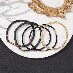 5 pièces 5 styles disque en argile polymère et hématite synthétique et ensemble de bracelets extensibles en perles de graines&nbsp;BJEW-JB09685-02