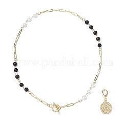 Collares de cadena con cuentas de concha y perlas y piedras negras&nbsp;NJEW-JN05109