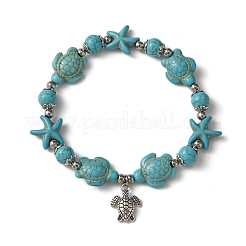 Stretch-Armbänder aus synthetischen türkisfarbenen Perlen mit Seesternen und Schildkröten&nbsp;BJEW-JB10925-02