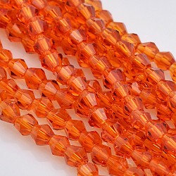 Sfaccettate perle di vetro bicone fili, arancio rosso, 3x3mm, Foro: 1 mm, circa 125~130pcs/filo, 13.8 pollice