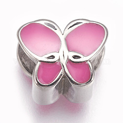 304 Stainless Steel Beads, with Enamel, Large Hole Beads, Butterfly, Pearl Pink, Stainless Steel Color, 9.5x11.5x8mm, Hole: 5.5mm