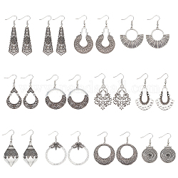 ANATTASOUL 4 Sets 4 Style Tibetan Style Alloy Geometry Dangle Earrings for Women, Donut & Fan & Teardrop & Leaf & Flower, Antique Silver, 50.5~63.5x16.5~37mm, 3Pcs/set, 1 Set/style