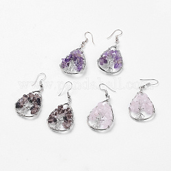 Natural Gemstone Dangle Earrings, with Brass Earring Hooks, Teardrop with Tree of Life, Platinum, 52mm, Pendant: 35x23x6mm, Pin: 0.6mm