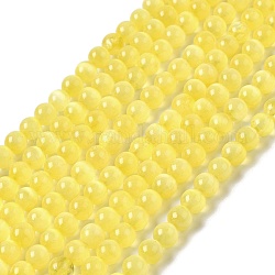 Brins de perles teints en sélénite naturelle, imitation d'oeil de chat, Grade a, ronde, jaune, 6.5mm, Trou: 0.7mm, Environ 61 pcs/chapelet, 15.24 pouce (38.7 cm)