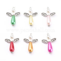 Imitation Pearl Acrylic Pendants, Antique Silver Alloy Heart Beads, Angel & Wings, Mixed Color, 34x23.5x7.5mm, Hole: 2x3mm