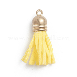 Décorations pendentif pompons en faux suède, avec embouts de cordon en plastique plaqué or, jaune, 35~36x10mm, Trou: 2mm