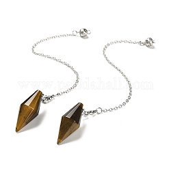 Natural Tiger Eye Pointed Dowsing Pendulums, Bullet Charm, with Rack Plating Brass Chain & Lobster Claw Clasps, Lead Free & Cadmium Free, 226~230mm, Hole: 2.5mm
