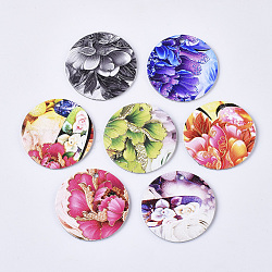 PU Leather Pendants, Double-Sided Flower Pattern, Flat Round, Mixed Color, 40.5x1.5mm, Hole: 2mm
