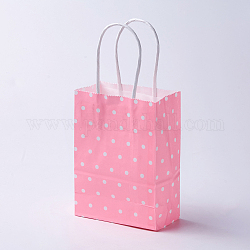 Kraftpapiersäcke, mit Griffen, Geschenk-Taschen, Einkaufstüten, Rechteck, Tupfenmuster, rosa, 27x21x10 cm