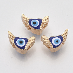 Perles en alliage de couleur or clair, avec l'émail, coeur et mauvais œil, bleu, 10x16x9mm, Trou: 3mm