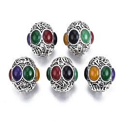 Tibetischer stil legierung perlen, mit gefärbtem & beheiztem Glas, cadmiumfrei und bleifrei, Oval, Antik Silber Farbe, 25x22 mm, Bohrung: 3 mm