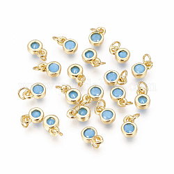 Brass with Single Cubic Zirconia Charms, Single Stone Charms, Flat Round, Golden, Deep Sky Blue, 6.5x4.5x2mm, Hole: 2.5~3mm