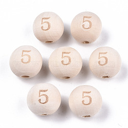 Perle europee di legno naturale non finito, perline con foro grande, motivo inciso al laser, rotondo con il numero, num. 5, 15~16x14~15mm, Foro: 4 mm