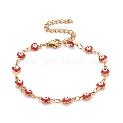 Coeur en émail avec bracelet chaînes à maillons mauvais œil, placage sous vide 304 bijoux en acier inoxydable pour femmes, or, rouge, 6-3/4 pouce (17.1 cm)