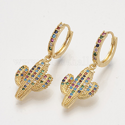 Brass Cubic Zirconia Dangle Hoop Earrings, Cactus, Colorful, Golden, 37.5mm, pin: 1mm