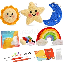 4 Style Sun Moon Star Rainbow Keychain DIY Knitting Kits for Beginners, including Finer Fill, Crochet Hook, Stitch Marker, Craft Eye, Yarn, Big Eye Needle, Instruction, Mixed Color, Packing: 24.5x20.7x3.2cm