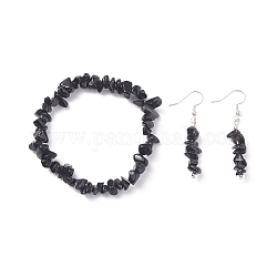 Ensemble de bijoux en perles d'obsidienne naturelle, bracelets extensibles en pierres précieuses et boucles d'oreilles pendantes pour femmes, platine, 35mm, pin: 0.5 mm, diamètre intérieur : 2-1/8 pouce (55 mm)