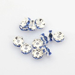 Brass Rhinestone Spacer Beads, Grade A, Rondelle, Silver Color Plated, Sky Blue, about 6mm in diameter, hole: about 1mm