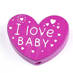 Des perles en bois naturel, teinte, coeur avec mot j'aime bébé, pour la Saint Valentin, magenta, 23x29x7mm, Trou: 2.5mm