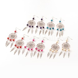 Boucles d'oreilles de lustre en alliage, avec des perles en bois et des crochets de boucles d'oreilles en laiton, couleur mixte, 100mm, pin: 0.7 mm