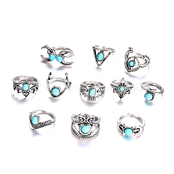 11Pcs 11 Style Synthetic Turquoise Finger Rings Set, Triangle & Moon & Crown & Eagle Alloy Stackable Rings for Women, Antique Silver, US Size 7 3/4(17.9mm), 1Pc/style