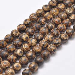 3-Augen-Dzi-Perlenstränge im tibetischen Stil, natürliche und gefärbte Achat Perlen, matte Stil, Runde, Sattelbraun, 8 mm, Bohrung: 1 mm, ca. 48 Stk. / Strang, 16 Zoll