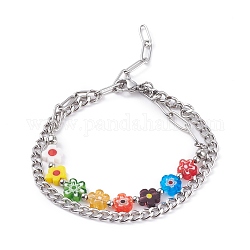 304 bracelets chaîne en acier inoxydable pour femme, bracelets multi-rangs de perles de verre millefiori de fleurs faites à la main, colorées, 6-7/8 pouce (17.5 cm)
