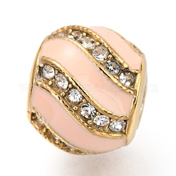 Ion Plating(IP) 304 Stainless Steel European Beads, with Enamel and Rhinestone, Large Hole Beads, Round, Golden, Pink, 10x9mm, Hole: 4.5mm